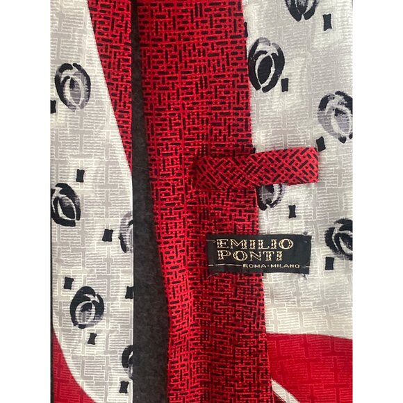 Emilio Ponte Necktie Abstract Geometric Red Black White Men Silk Korea VTG - Picture 7 of 11